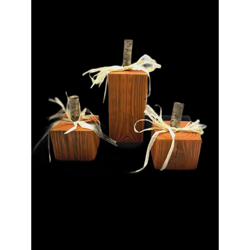 Set Of 3 Handcrafted Rustic Wooden Primitive Pumpkins Fall Decor Orange